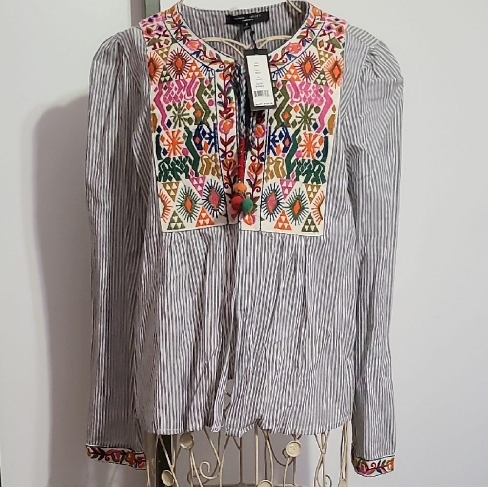 Striped Multicolor Embroidered Women's Top